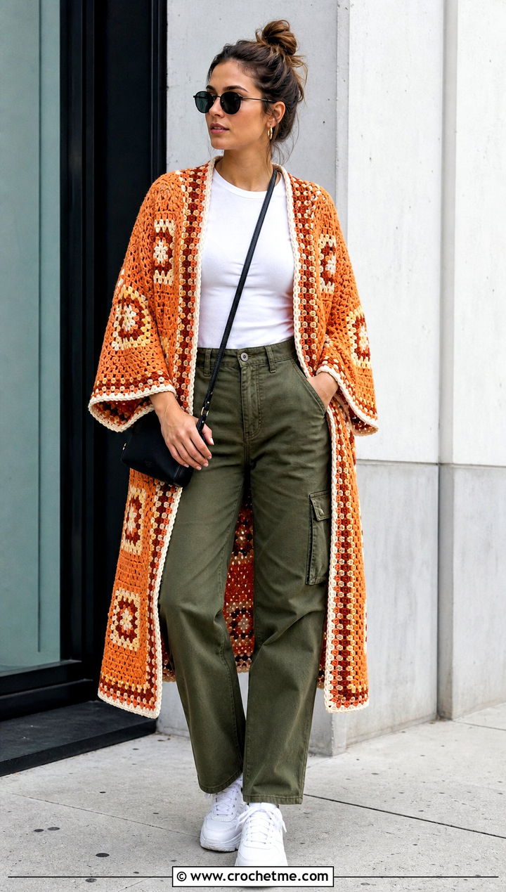 Open Front Granny Square Kimono With T Shirt and Cargo Pants - 30 granny square kimono outfit ideas