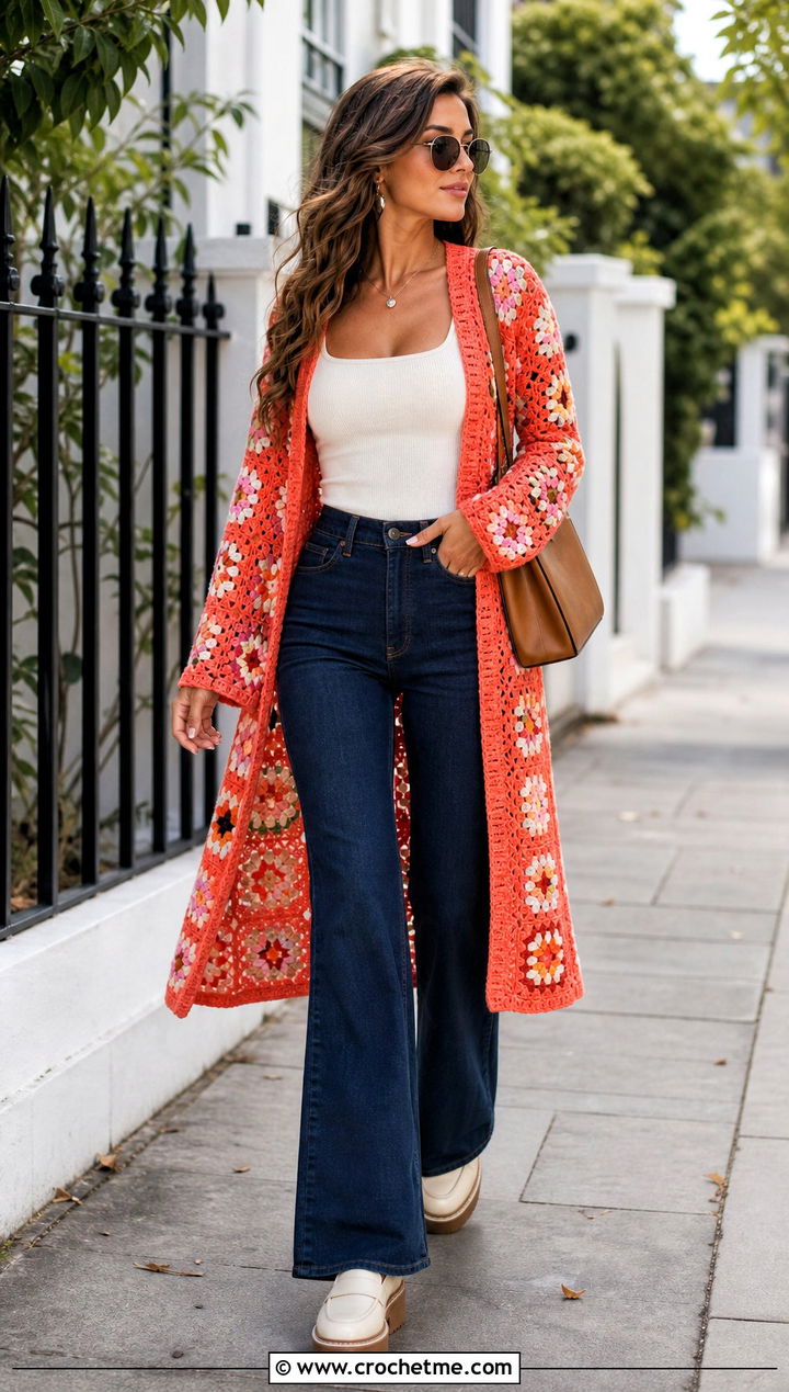 Open Front Granny Square Long Cardigan With Flared Jeans - 25 granny square long cardigan outfit ideas