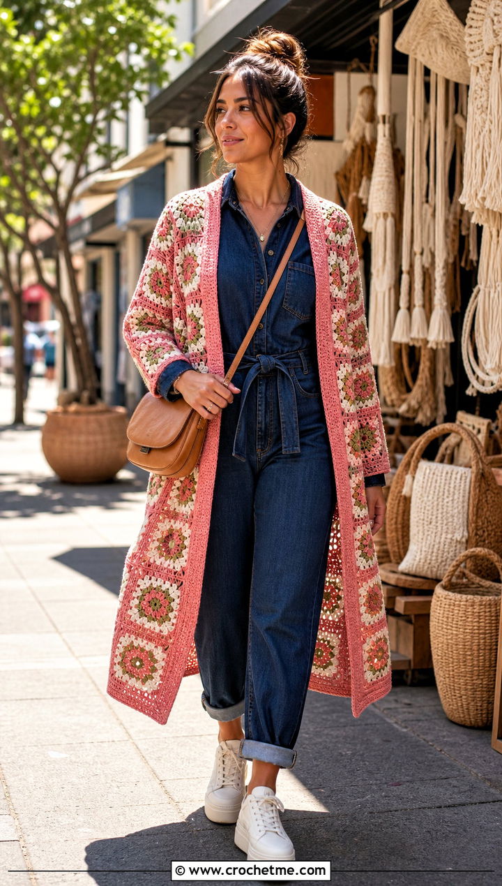 Open Front Granny Square Robe With Denim Jumpsuit - 20 granny square robe outfit ideas