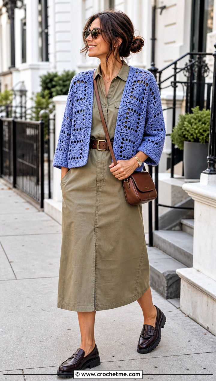 Open Front Granny Square Shrug With Utility Dress - 25 Crochet Granny Shrug outfit ideas
