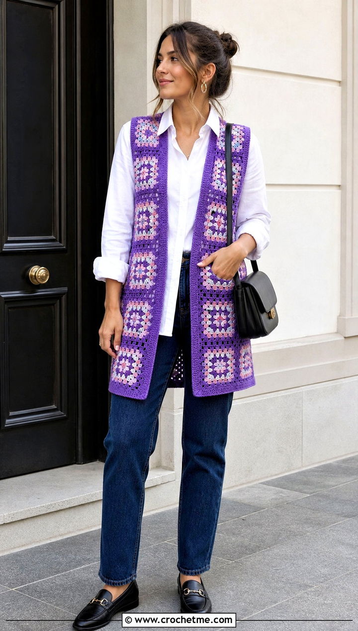 Open Front Granny Square Sleeveless Cardigan With White Shirt - 30 granny square sleeveless cardigan outfit ideas