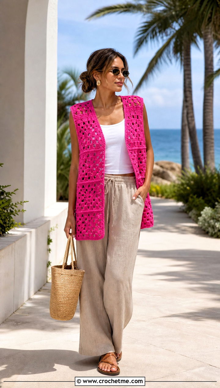 Open Front Granny Square Sleeveless Vest With Linen Pants - 20 Granny Square Sleeveless Vest outfit ideas