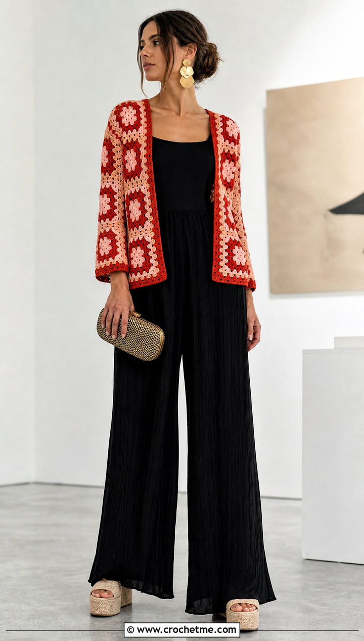 Open Front Granny Square Summer Cardigan With Black Jumpsuit - 30 granny square summer cardigan outfit ideas