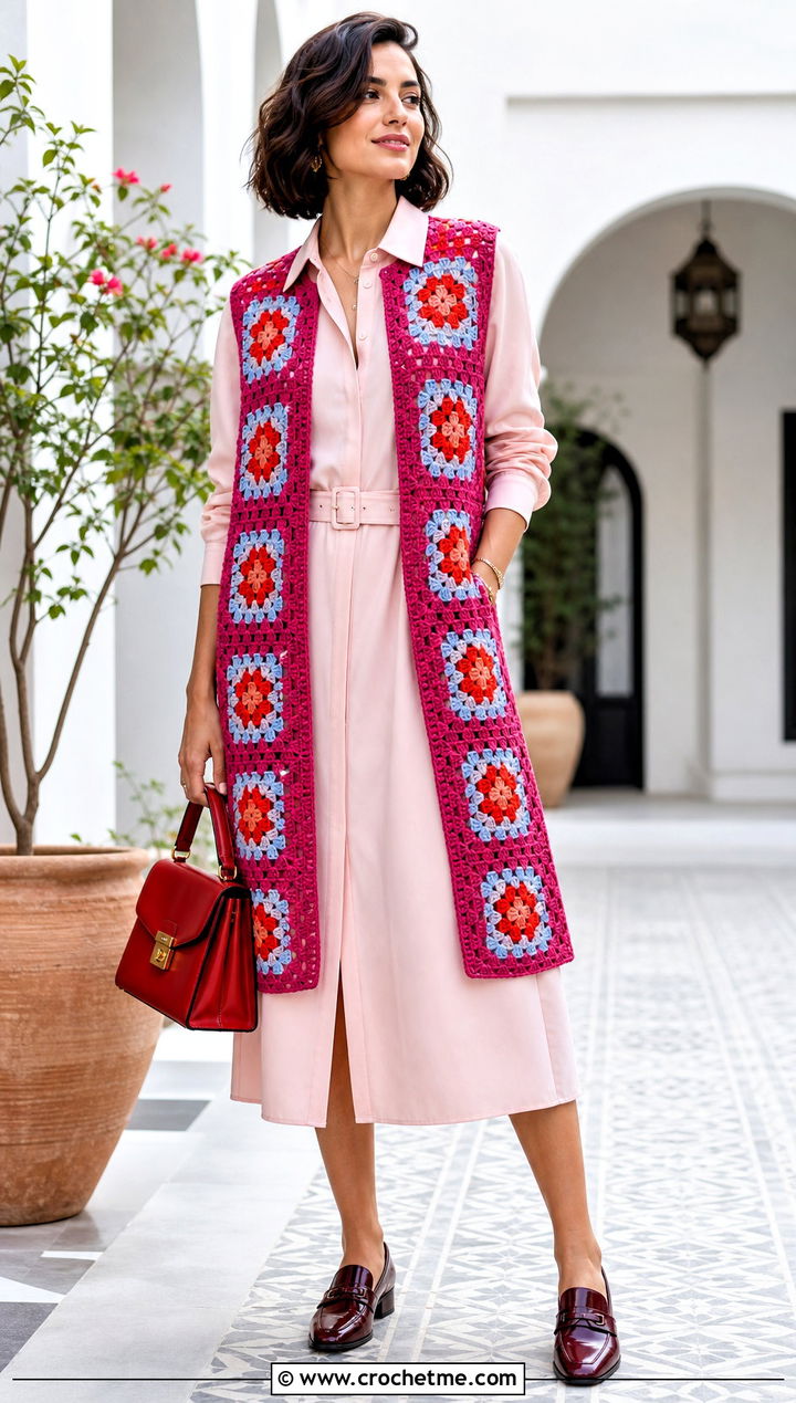 Open Front Granny Square Waistcoat Over a Shirt Dress - 35 granny square waistcoat outfit ideas