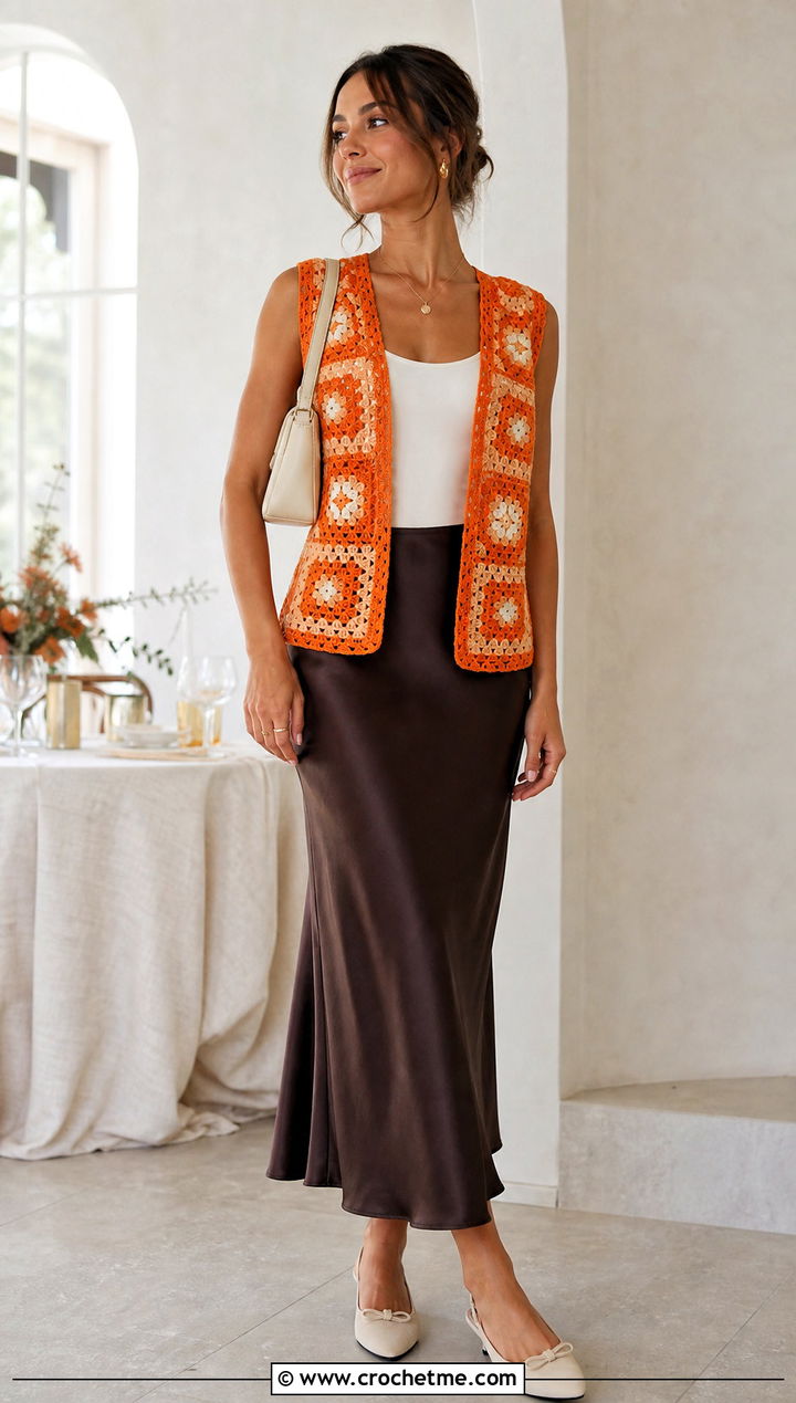 Open Front Granny Square Waistcoat With Satin Slip Skirt - 25 crochet granny square waistcoat outfit ideas