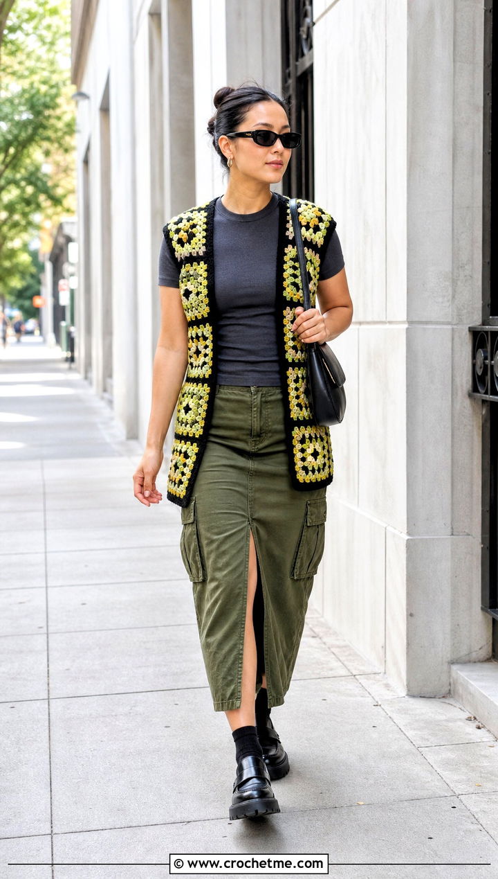 Open Front Granny Square Wrap Vest With Cargo Midi Skirt - 30 granny square wrap outfit ideas