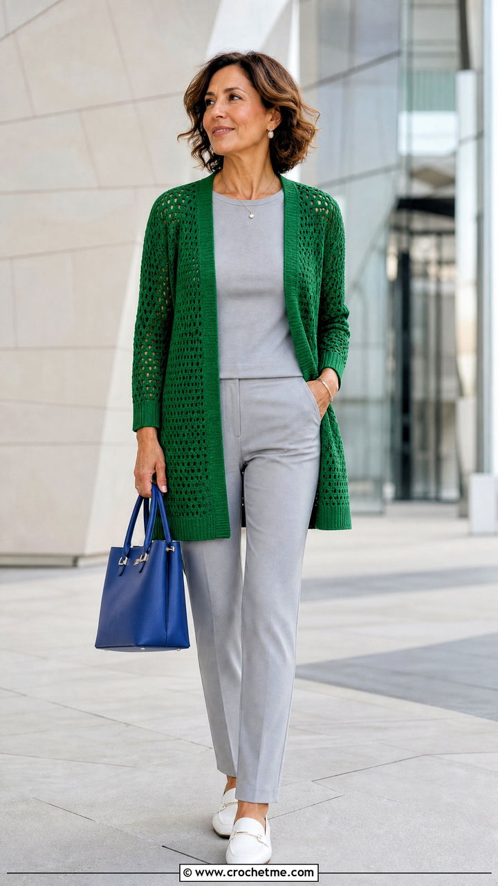 Open Front Green Crochet Cardigan With a Monochrome Outfit - 35 green crochet cardigan outfit ideas