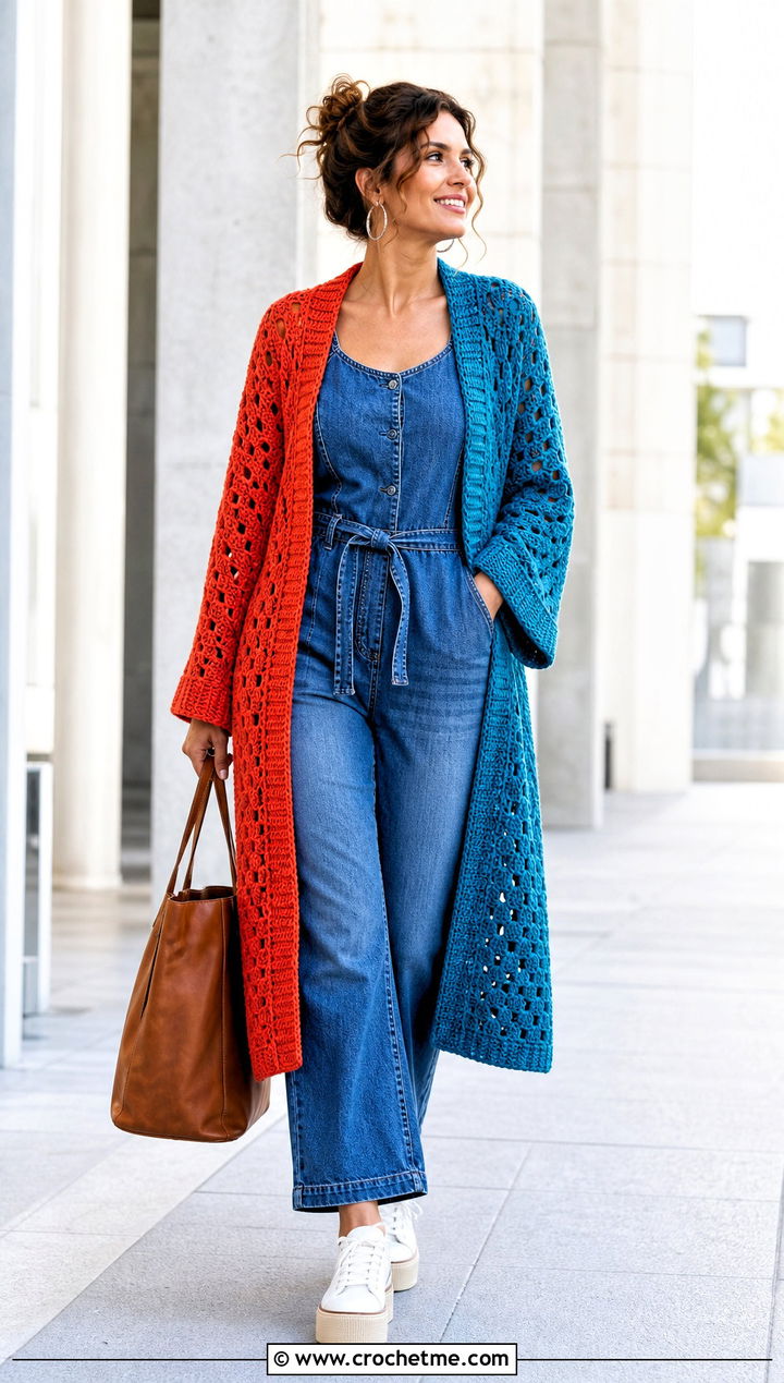 Open Front Half And Half Crochet Cardigan With Denim Jumpsuit - 20 Half And Half Crochet Cardigan outfit ideas