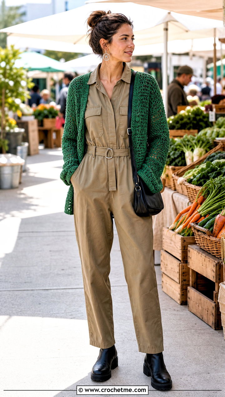 Open Front Half Double Crochet Cardigan With Utility Jumpsuit - 25 Half Double Crochet Cardigan outfit ideas