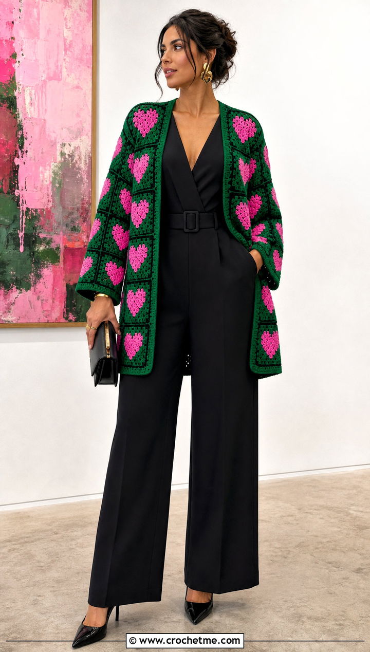 Open Front Heart Granny Square Cardigan With Black Jumpsuit - 35 Heart Granny Square Cardigan outfit ideas