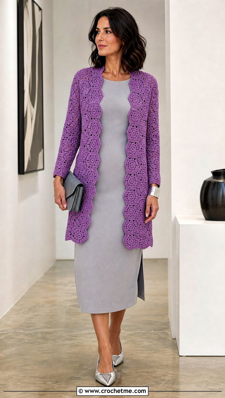 Open Front Hexagon Cardigan With Column Dress - 35 granny square hexagon cardigan outfit ideas