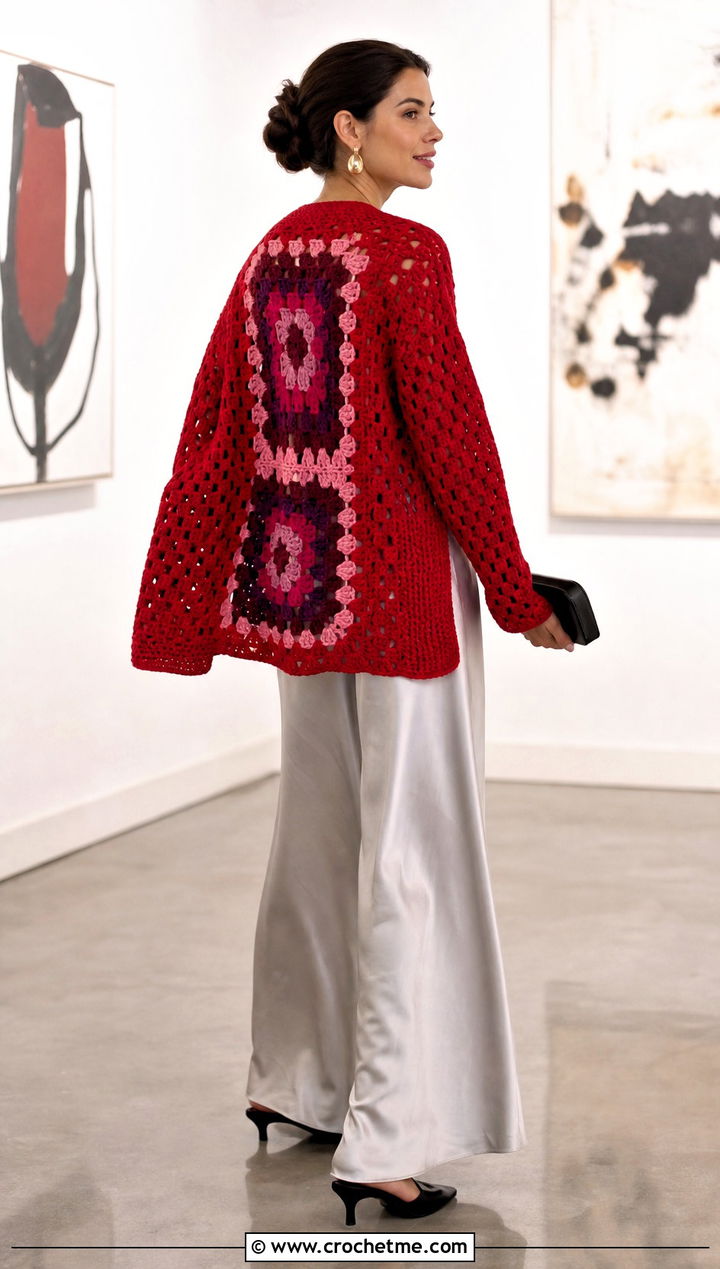 Open Front Hexagon Cardigan With Granny Square Back And Satin Pants - 20 Hexagon Cardigan With Granny Square Back outfit ideas