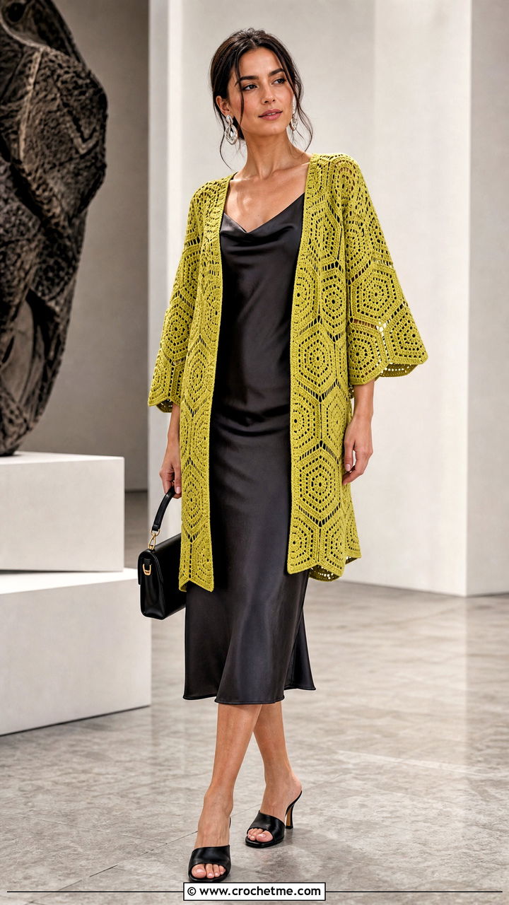 Open Front Hexagon Cardigan With Satin Slip Dress - 35 crochet hexagon sweater outfit ideas