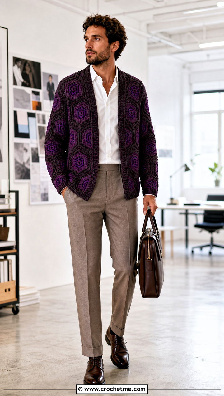 Open Front Hexagon Crochet Cardigan With Office Separates - 35 men hexagon crochet cardigan outfit ideas