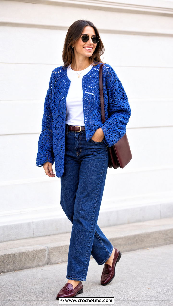Open Front Hexagon Granny Square Cardigan With Straight Jeans - 35 hexagon granny square sweater outfit ideas