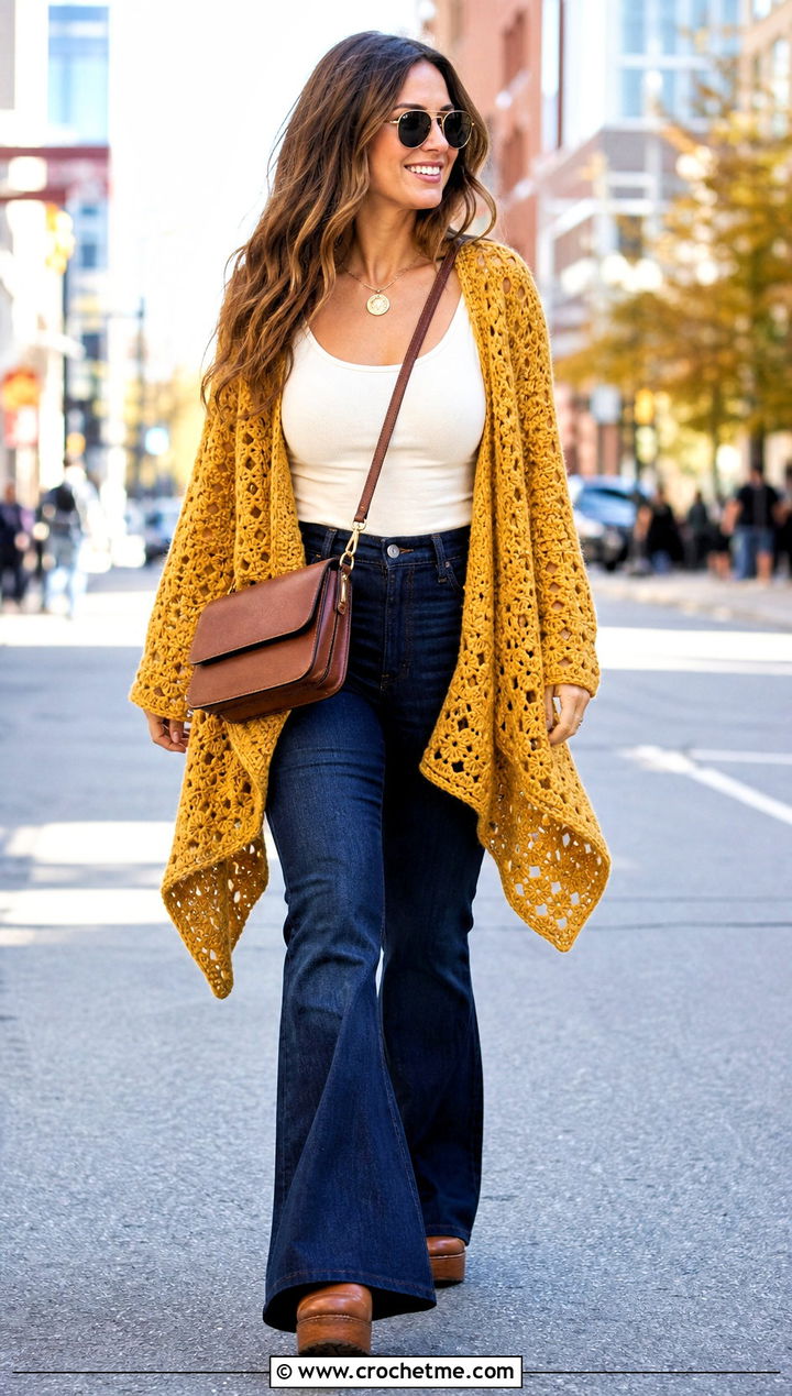 Open Front Hexi Crochet Cardigan With Flared Jeans - 35 hexi crochet cardigan outfit ideas