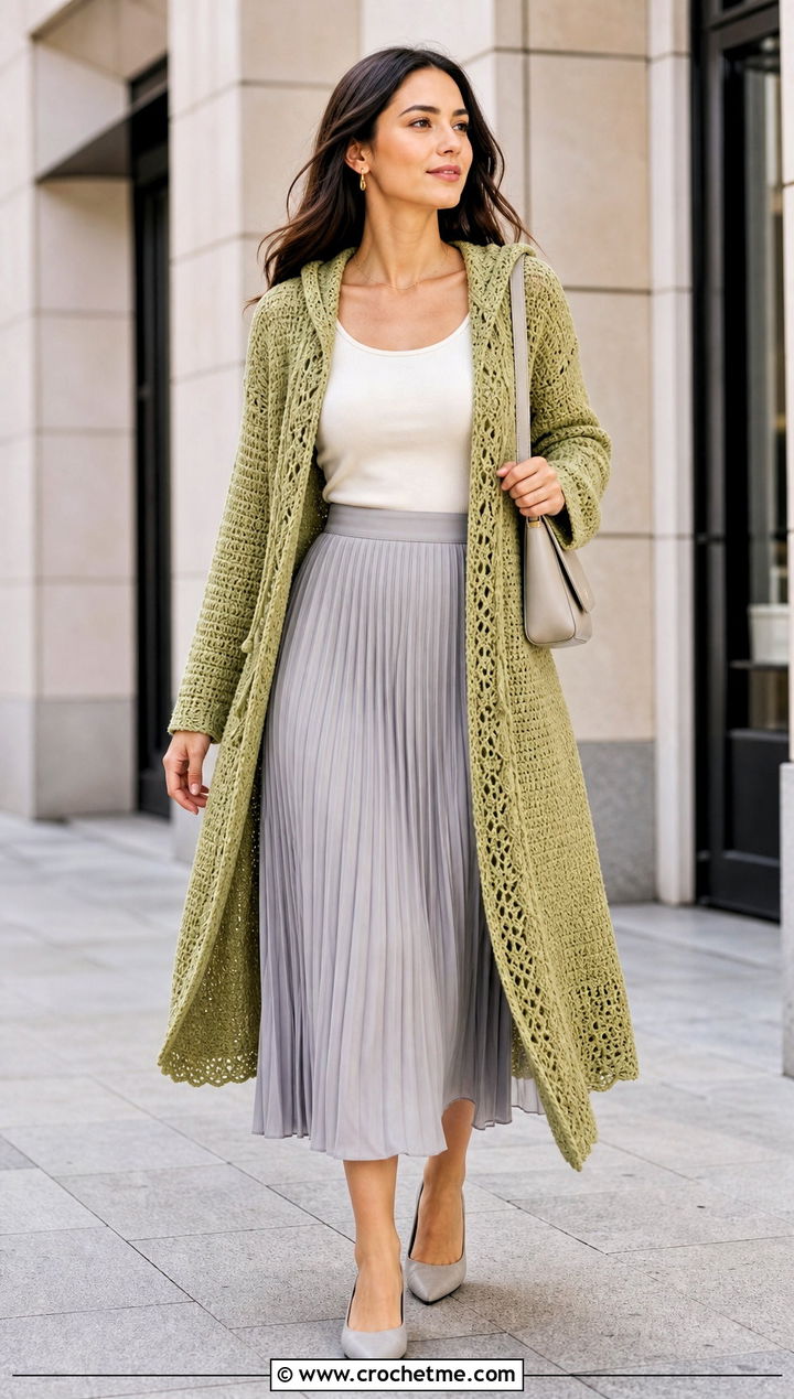 Open Front Hooded Crochet Cardigan With Pleated Midi Skirt - 35 hooded crochet cardigan outfit ideas