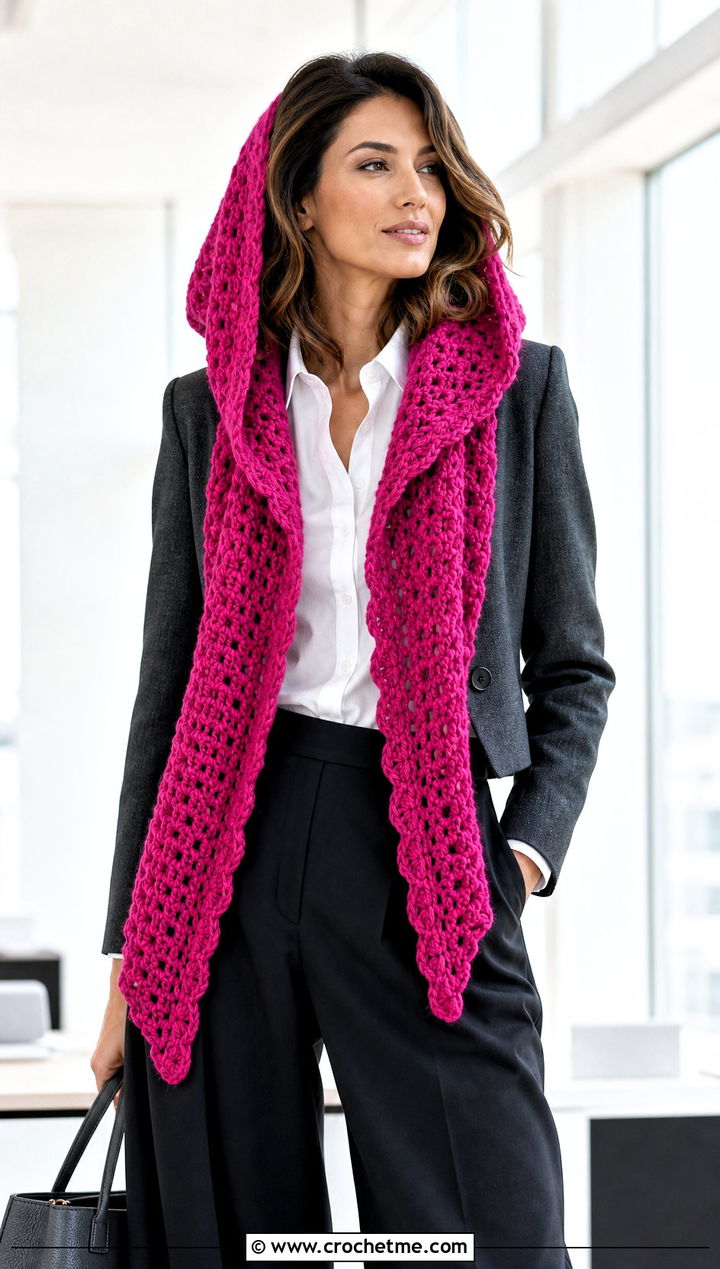Open Front Hooded Crochet Cowl Snood With Wide Leg Trousers - 25 hooded crochet cowl snood outfit ideas