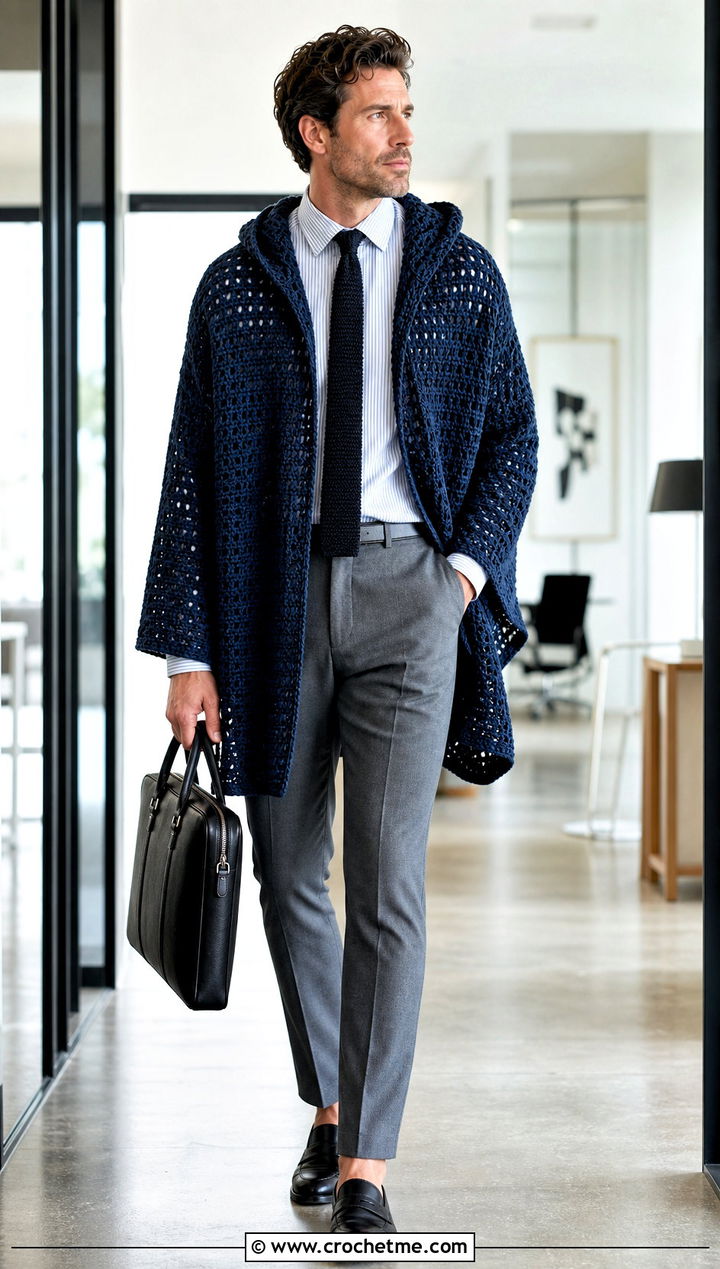 Open Front Hooded Crochet Poncho With Office Clothes - 15 mens hooded crochet poncho outfit ideas