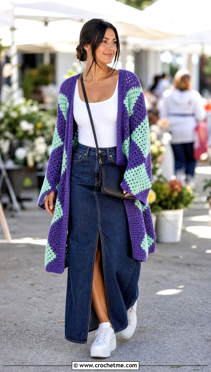 Open Front Howl Crochet Cardigan With Denim Maxi Skirt - 25 Howl Crochet Cardigan outfit ideas