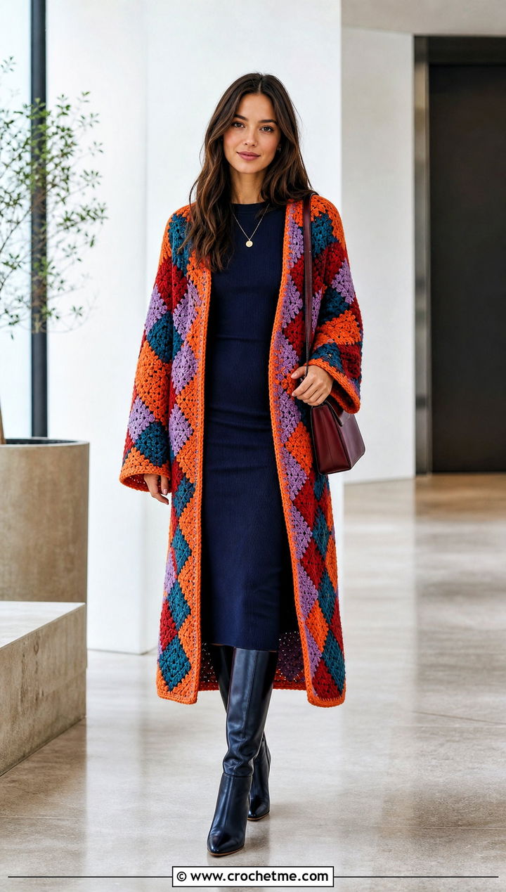 Open Front Howls Crochet Jacket With Column Dress - 25 Howl's Crochet Jacket outfit ideas