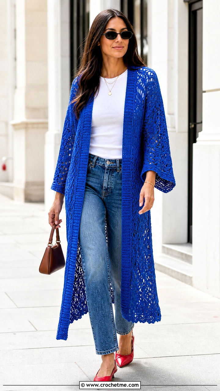 Open Front Kimono Crochet Coverup With Jeans - 35 crochet coverup outfit ideas