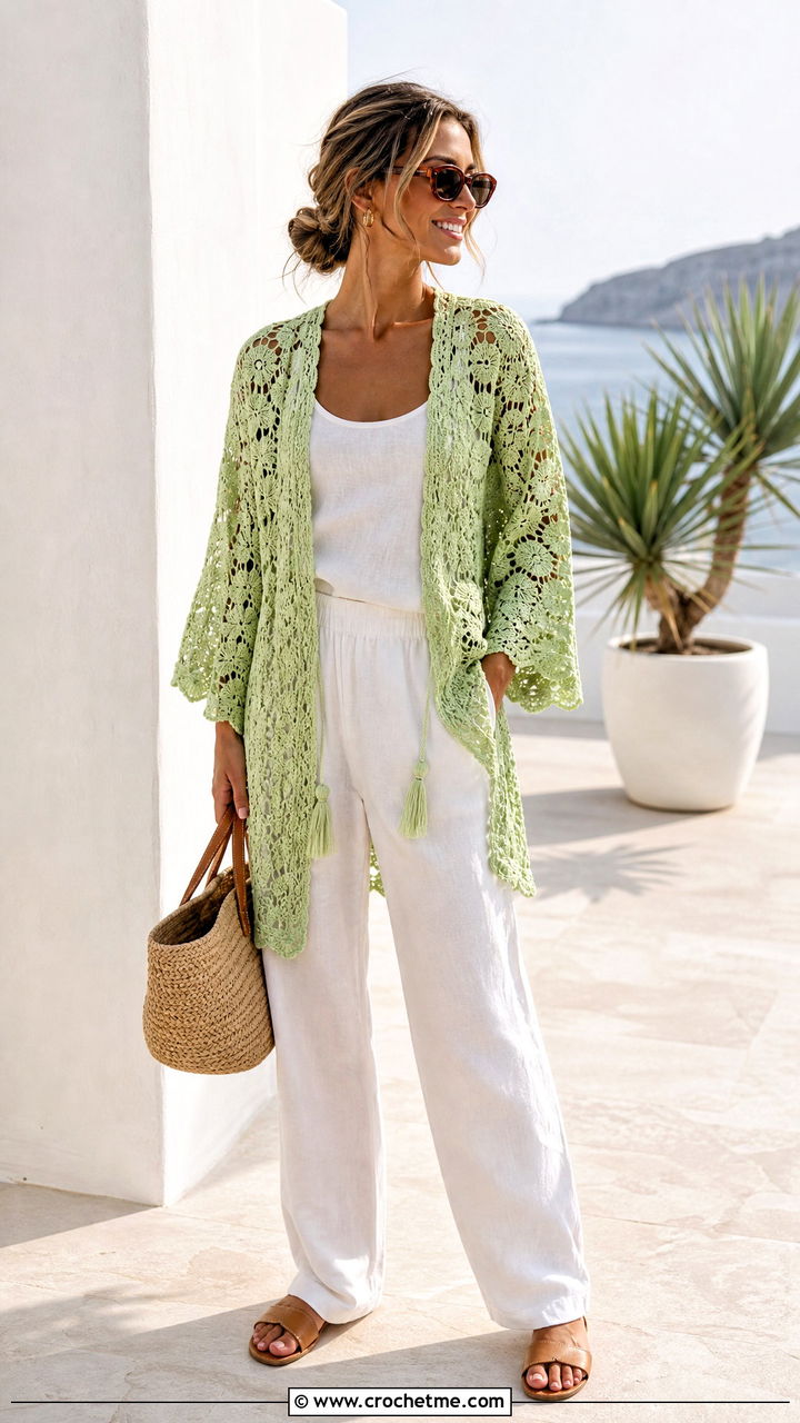 Open Front Lace Crochet Cardigan With Linen Set - 35 cute crochet cardigan outfit ideas
