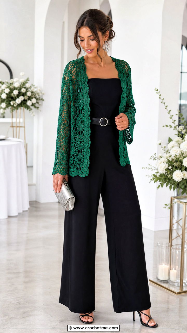 Open Front Lace Crochet Shrug With Jumpsuit - 35 easy crochet shrug outfit ideas