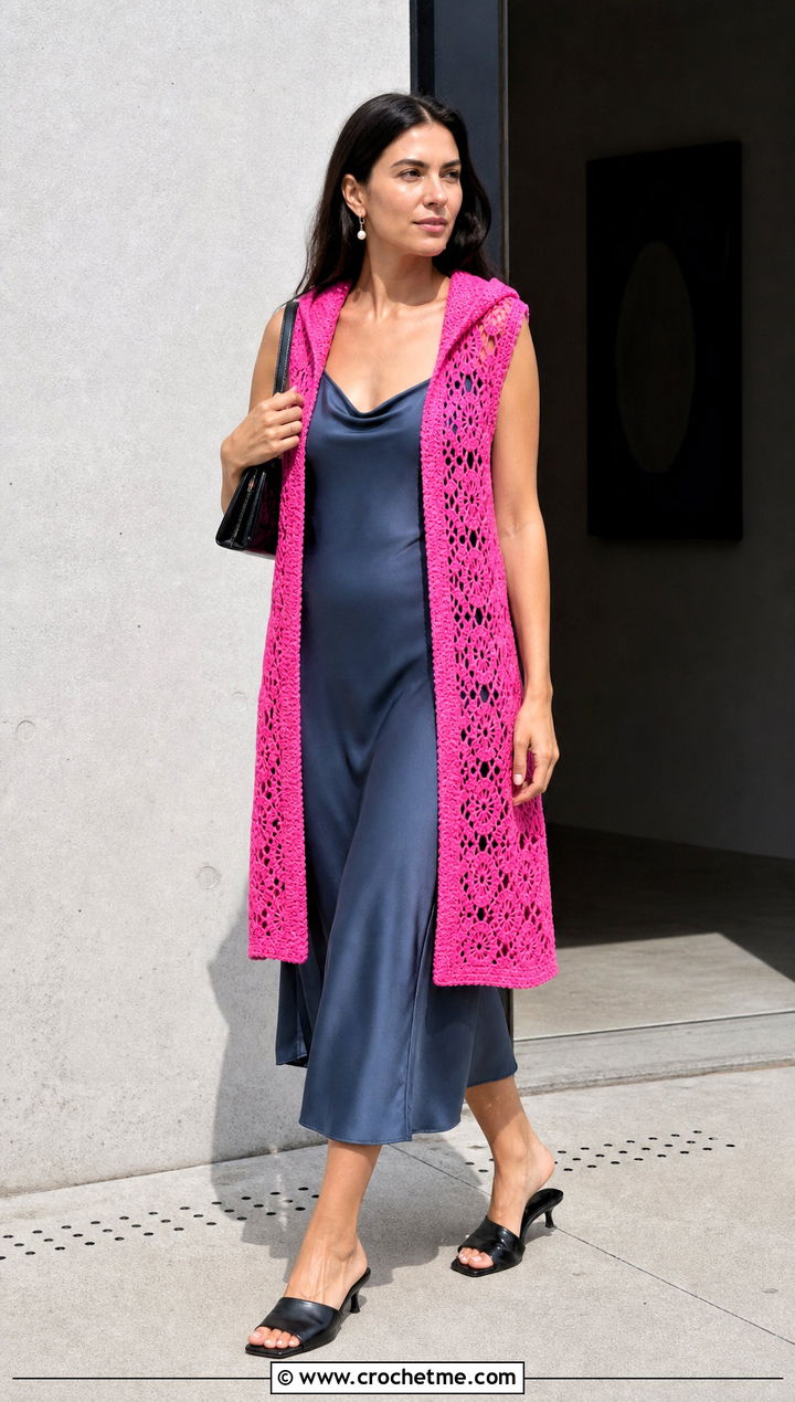 Open Front Lace Crochet Vest With Hood And Slip Dress - 30 crochet vest with hood outfit ideas