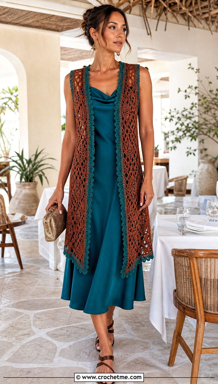 Open Front Lace Crochet Vest With Slip Dress - 15 brown crochet vest outfit ideas