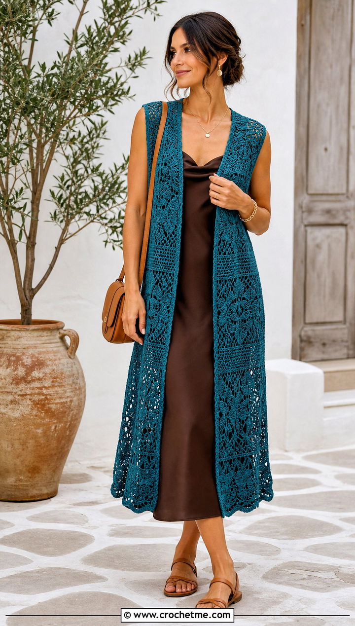 Open Front Lace Crochet Waistcoat With Slip Dress - 20 ladies crochet waistcoat outfit ideas