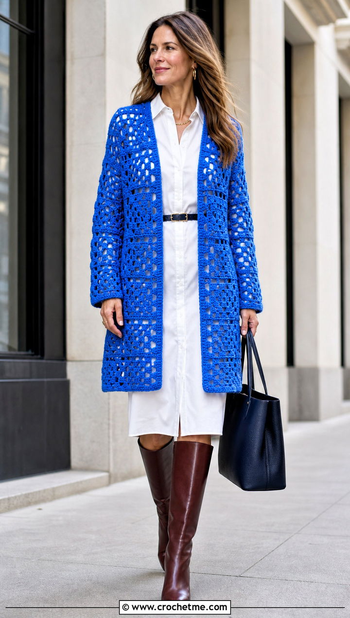Open Front Large Granny Square Sweater With Shirt Dress - 35 large granny square sweater outfit ideas