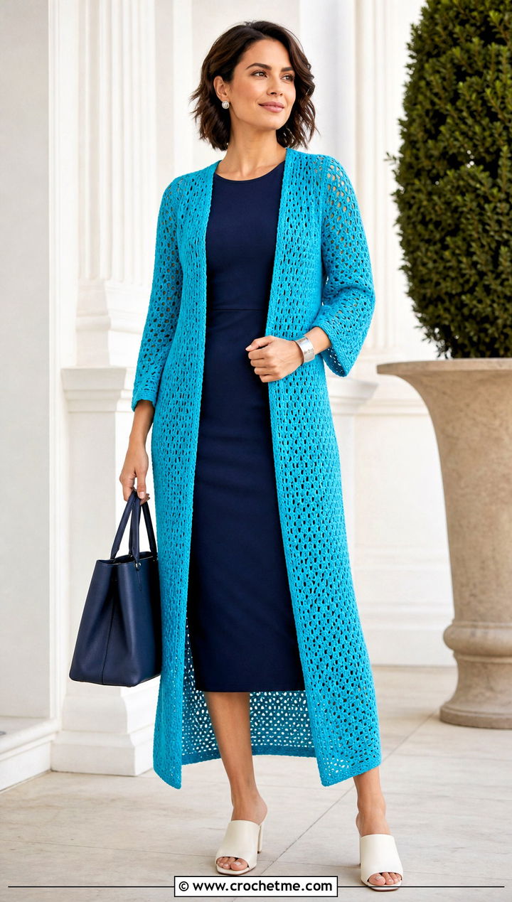 Open Front Long Crochet Duster With Column Dress - 25 Long Crochet Duster outfit ideas