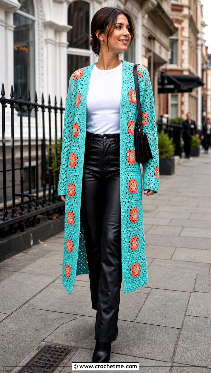 Open Front Long Granny Square Cardigan With Leather Pants - 35 long granny square cardigan outfit ideas