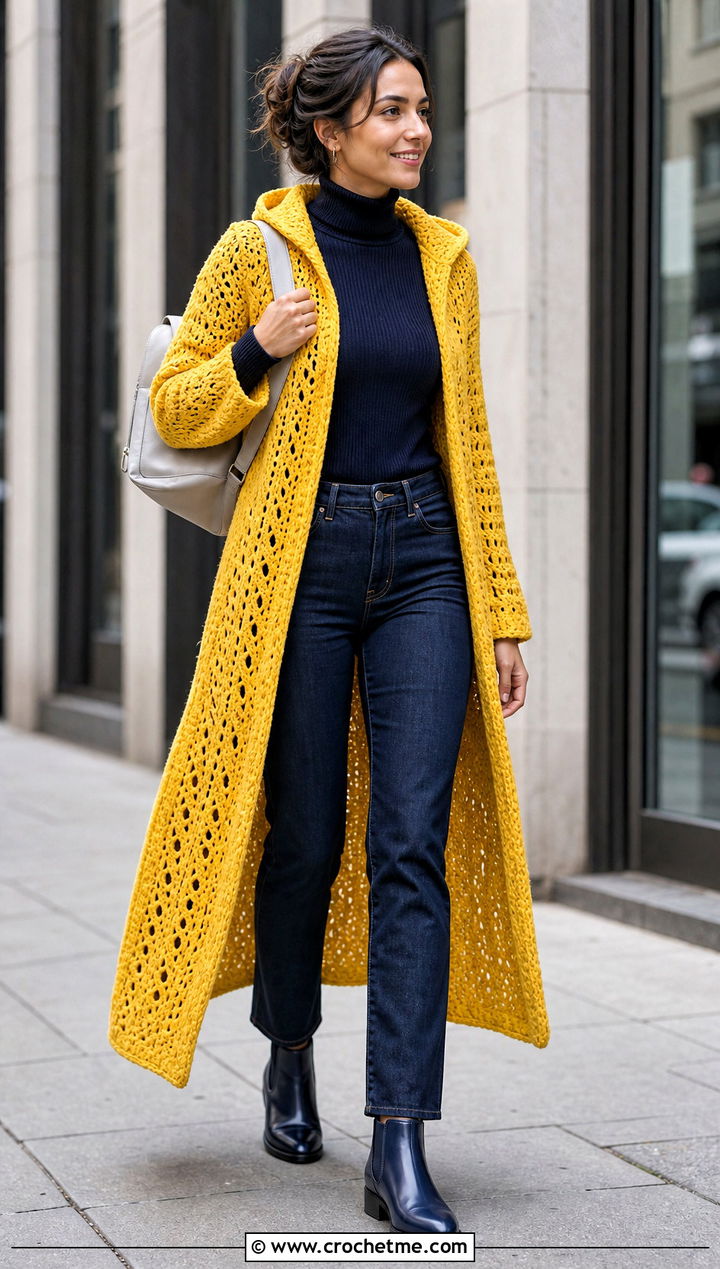 Open Front Long Hooded Crochet Cape With Turtleneck And Jeans - 25 Long Hooded Crochet Cape outfit ideas
