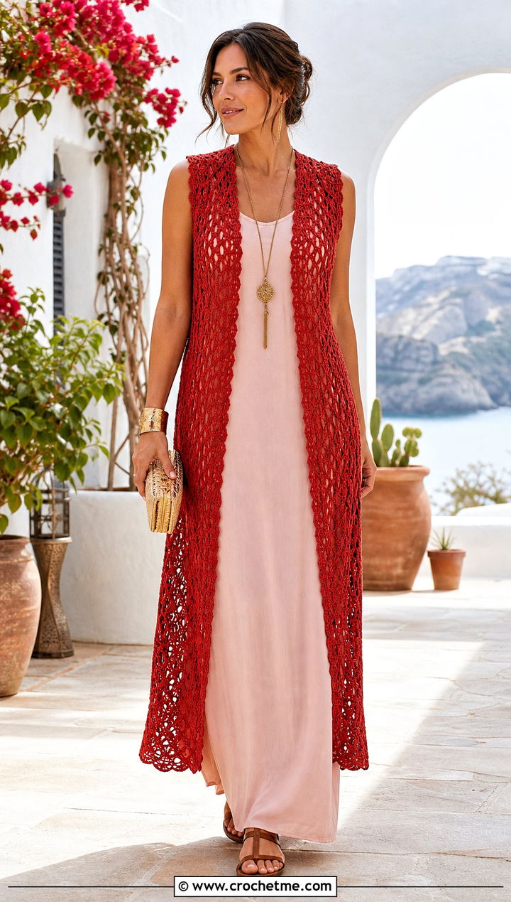 Open Front Longline Vintage Crochet Vest With Column Dress - 25 Vintage Crochet Vest outfit ideas