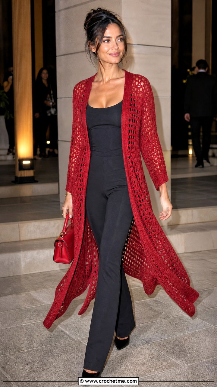Open Front Maxi Crochet Boho Cardigan With Matching Separates - 35 crochet boho cardigan outfit ideas