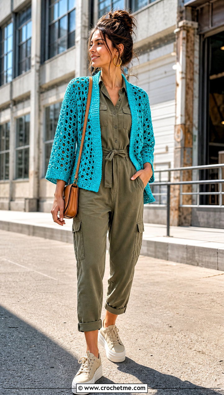 Open Front Mini Crochet Cardigan With Utility Jumpsuit - 35 mini crochet cardigan outfit ideas