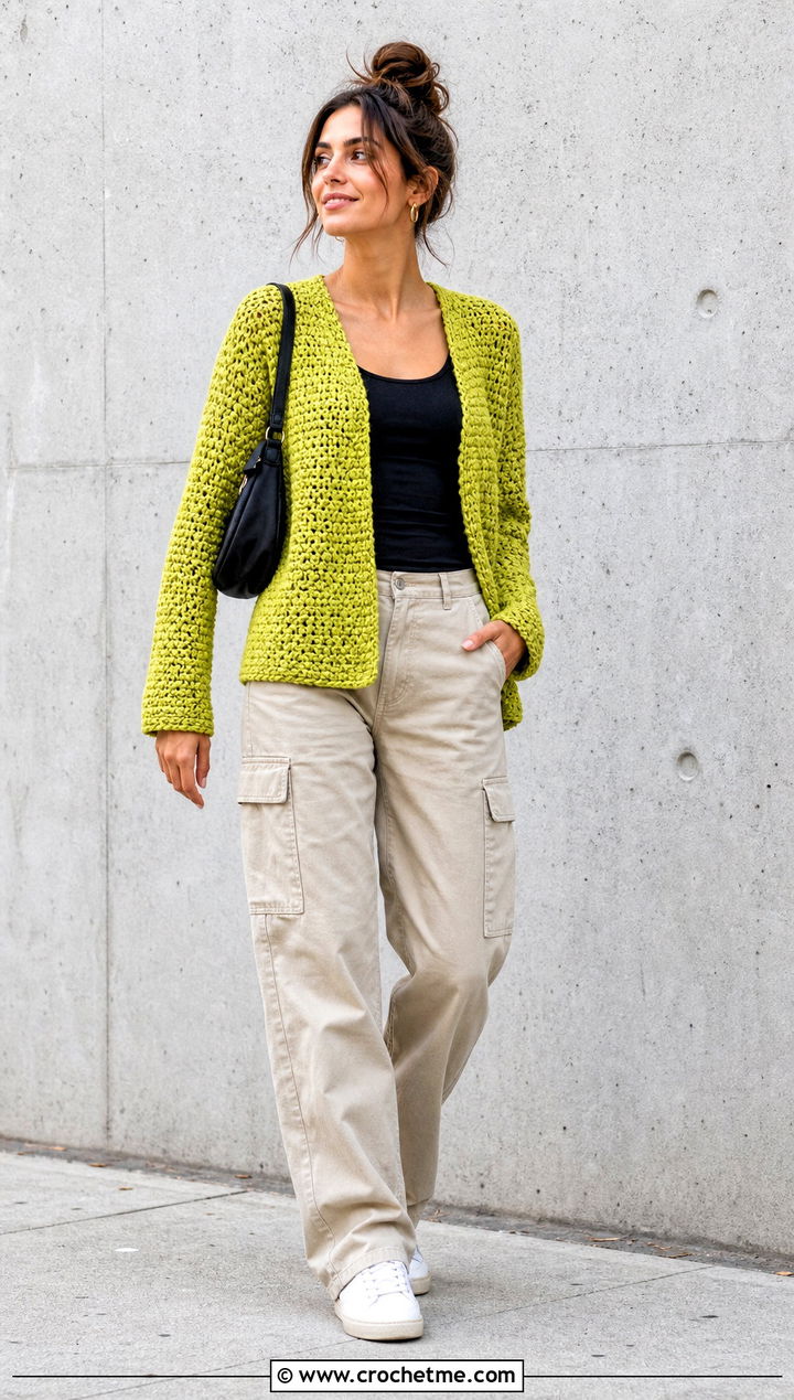 Open Front Moss Stitch Cardigan With Cargo Pants - 30 crochet moss stitch cardigan outfit ideas