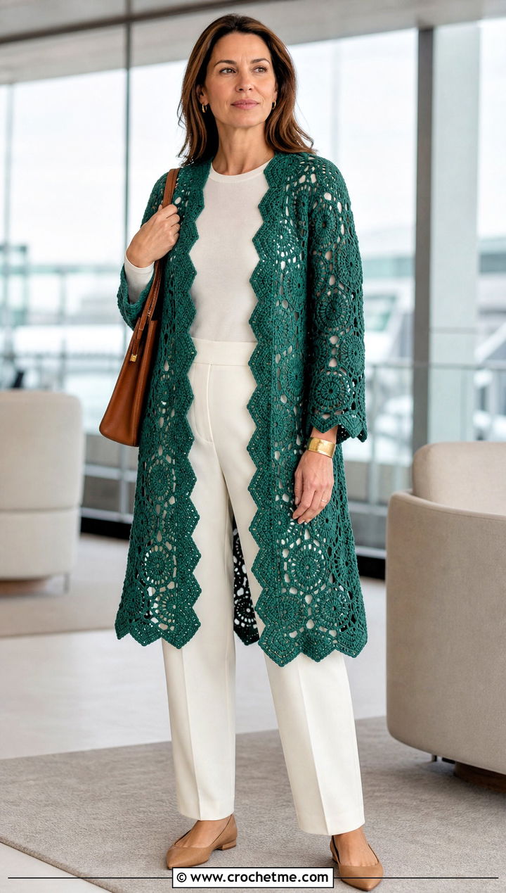 Open Front Octagon Crochet Cardigan With Monochrome Basics - 25 Octagon Crochet Cardigan outfit ideas