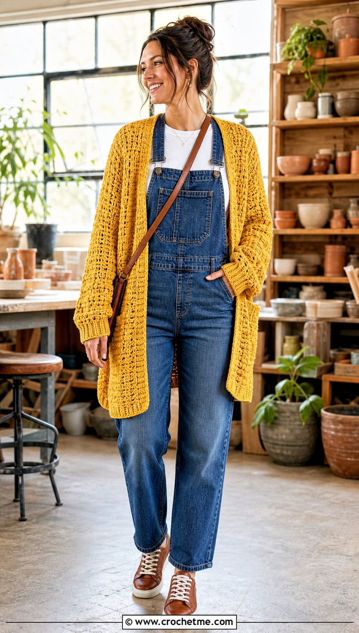 Open Front Oversized Chunky Crochet Cardigan With Overalls - 25 oversized chunky crochet cardigan outfit ideas