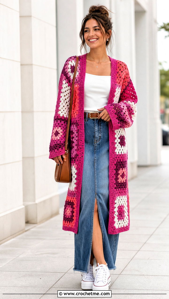Open Front Patchwork Crochet Cardigan With Denim Maxi Skirt - 15 harry styles patchwork crochet cardigan outfit ideas