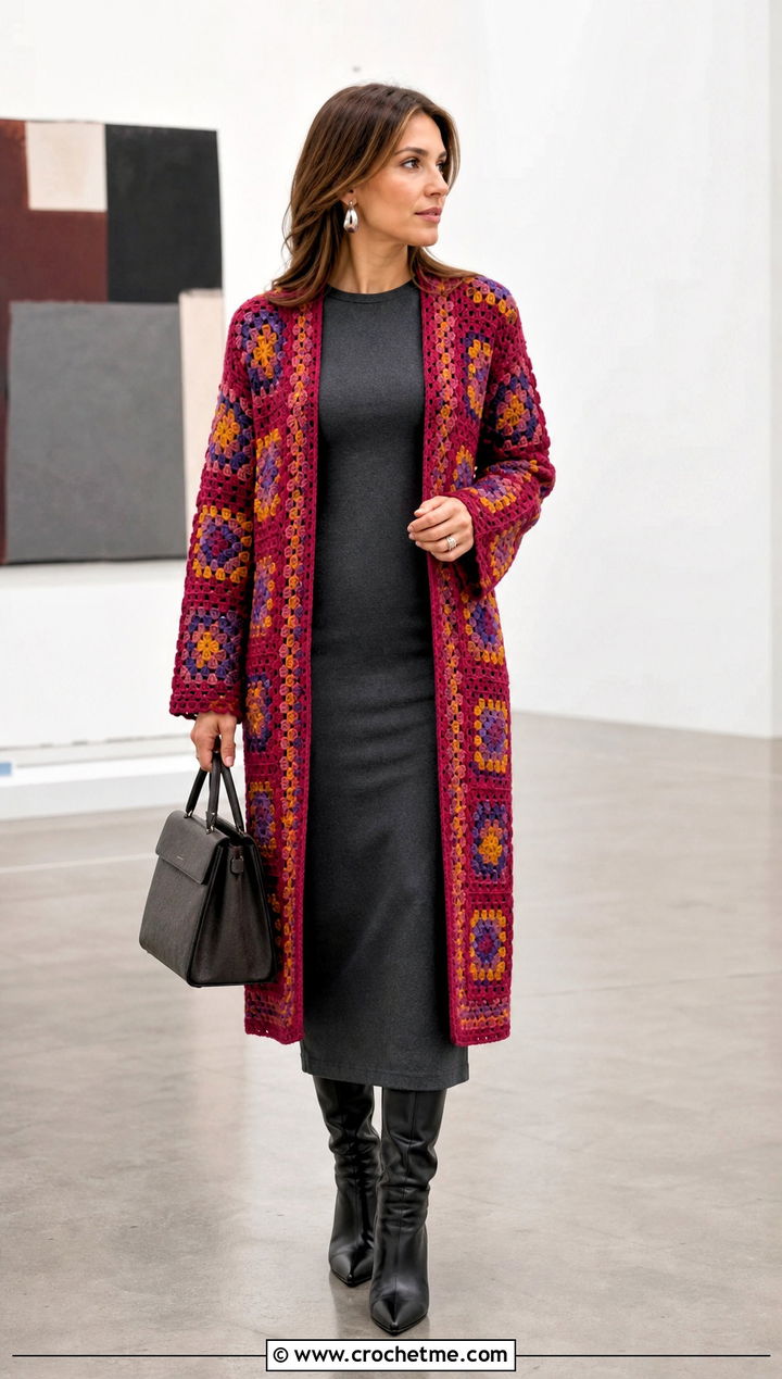 Open Front Pink Granny Square Cardigan With a Column Dress - 35 pink granny square cardigan outfit ideas