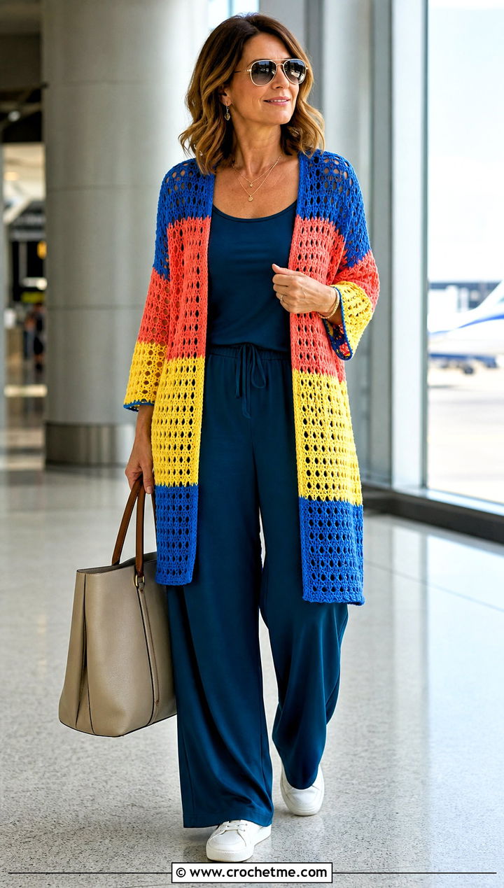 Open Front Rainbow Crochet Cardigan With Matching Set - 25 Rainbow Crochet Cardigan outfit ideas