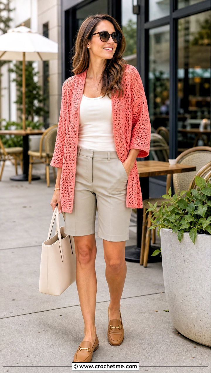 Open Front Riverbed Crochet Cardigan With Bermuda Shorts - 25 riverbed crochet cardigan outfit ideas