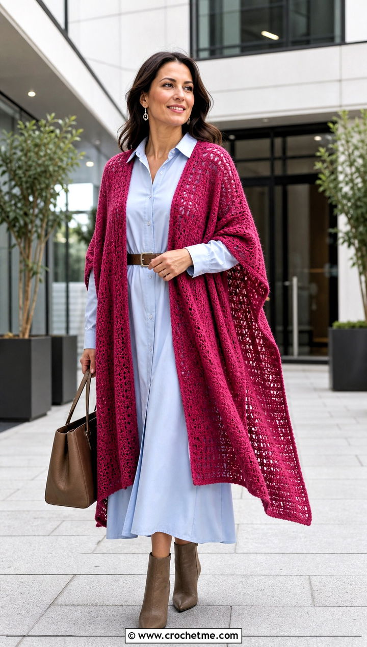 Open Front Ruana Crochet Poncho Sweater With Shirt Dress - 35 crochet poncho sweater outfit ideas