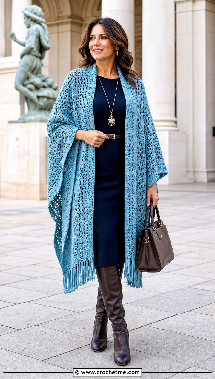 Open Front Ruana Crochet Poncho With A Column Dress - 25 Simple Crochet Poncho outfit ideas