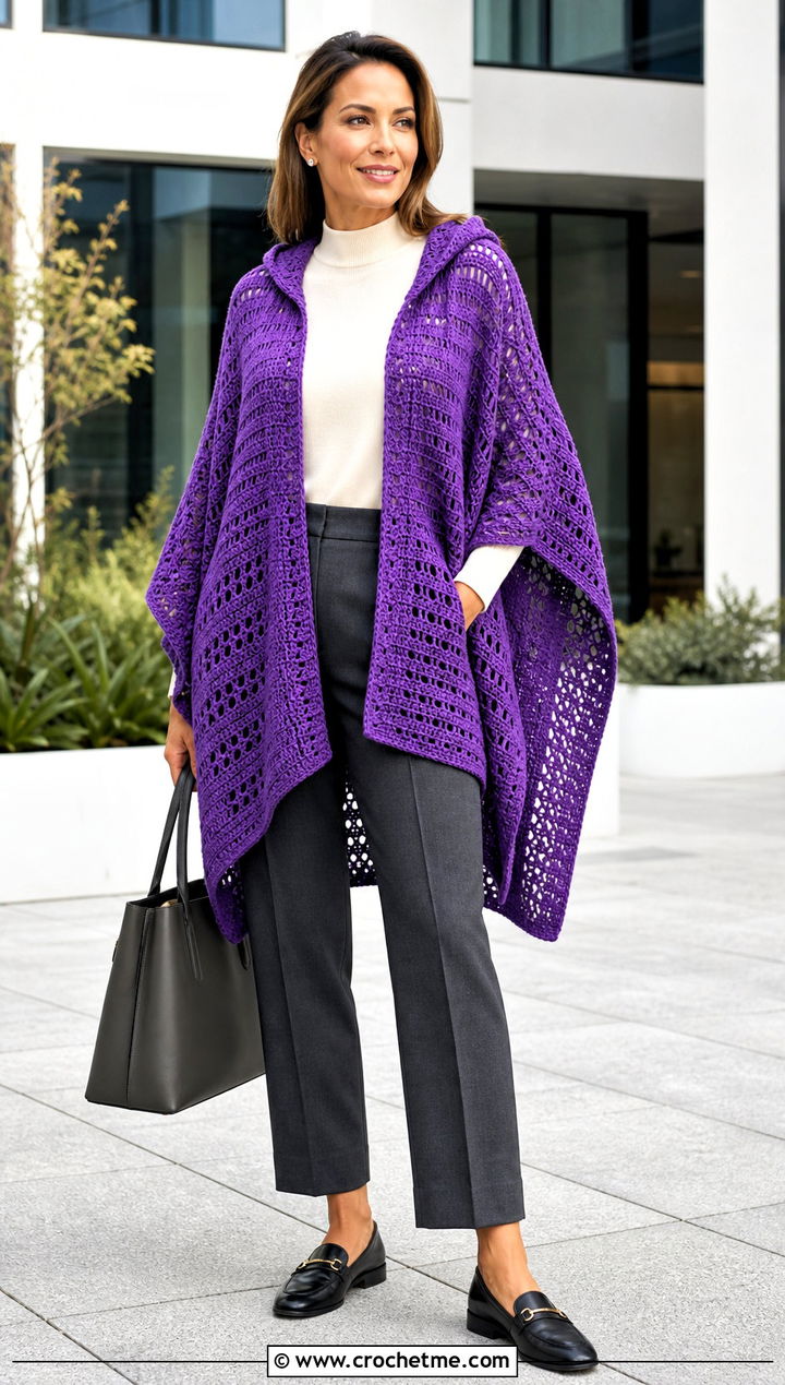 Open Front Ruana Crochet Poncho With Hood And Tailored Trousers - 35 crochet poncho with hood outfit ideas