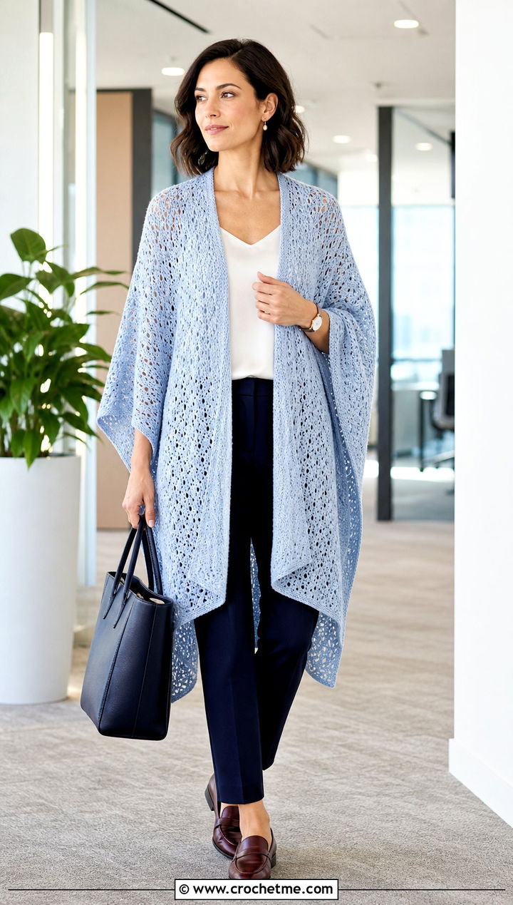 Open Front Ruana Crochet Poncho With Office Pants - 15 Lightweight Crochet Poncho outfit ideas