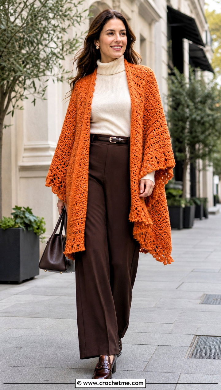 Open Front Ruana Crochet Poncho With Wide Leg Pants - 25 ladies crochet poncho outfit ideas